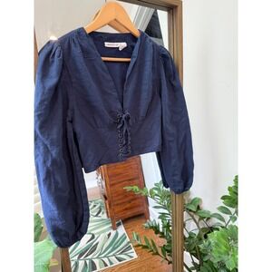Midnight Sky Navy Blue Puff Sleeve Lace Up Crop Top Women's Size S Lien Blend
